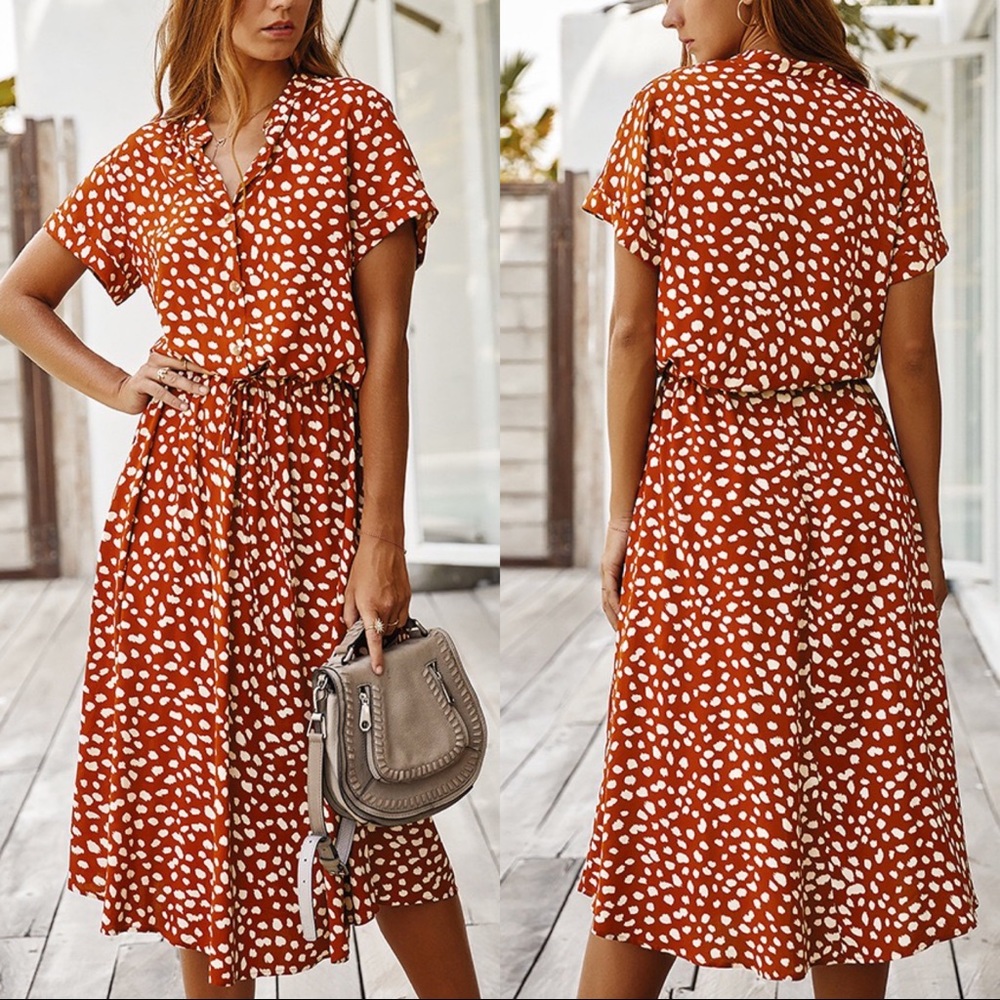 🆕String Tie Waist Short Sleeve Midi Dress Rust